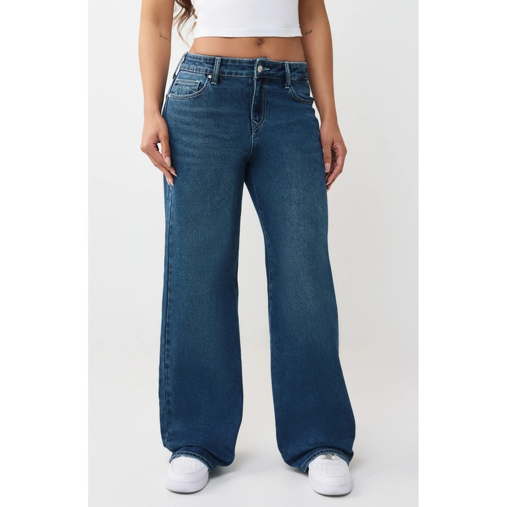 True Religion Bobbi Low Slung Baggy Jeans Pink Contrast Stitch Wide Leg Size 28
